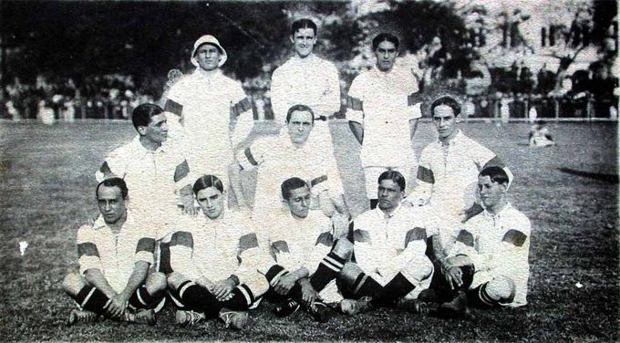 a black and white photo of the first Brasilian soccer team