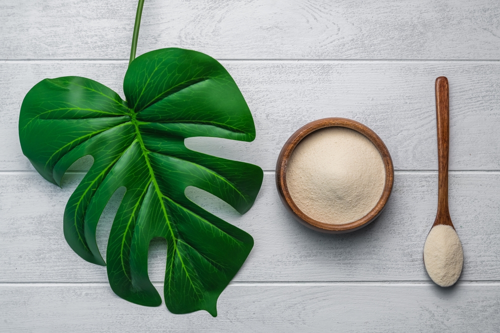 A wooden bowl and spoon with collagen powder next to a large leaf