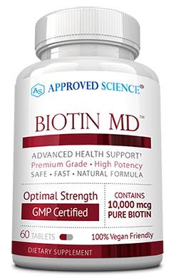 Stock image of a bottle of Biotin MD dietary supplement