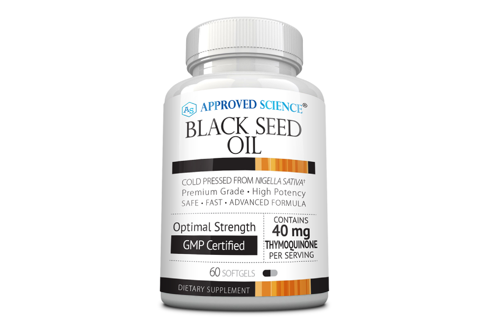 Stock image of a bottle of Black Seed Oil supplement