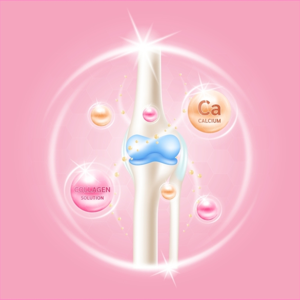 Graphic of a bone with Ca and Collagen elements around it against a pink background