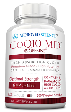 Stock image of a bottle of COQ10 MD dietary supplement