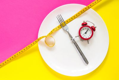 A plate with a fork, clock, and a tape measure on a pink and yellow background