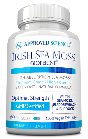 Stock image of a bottle of Irish Sea Moss dietary supplement