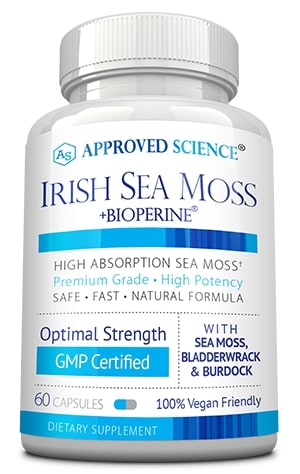 Stock image of a bottle of Irish Sea Moss dietary supplement