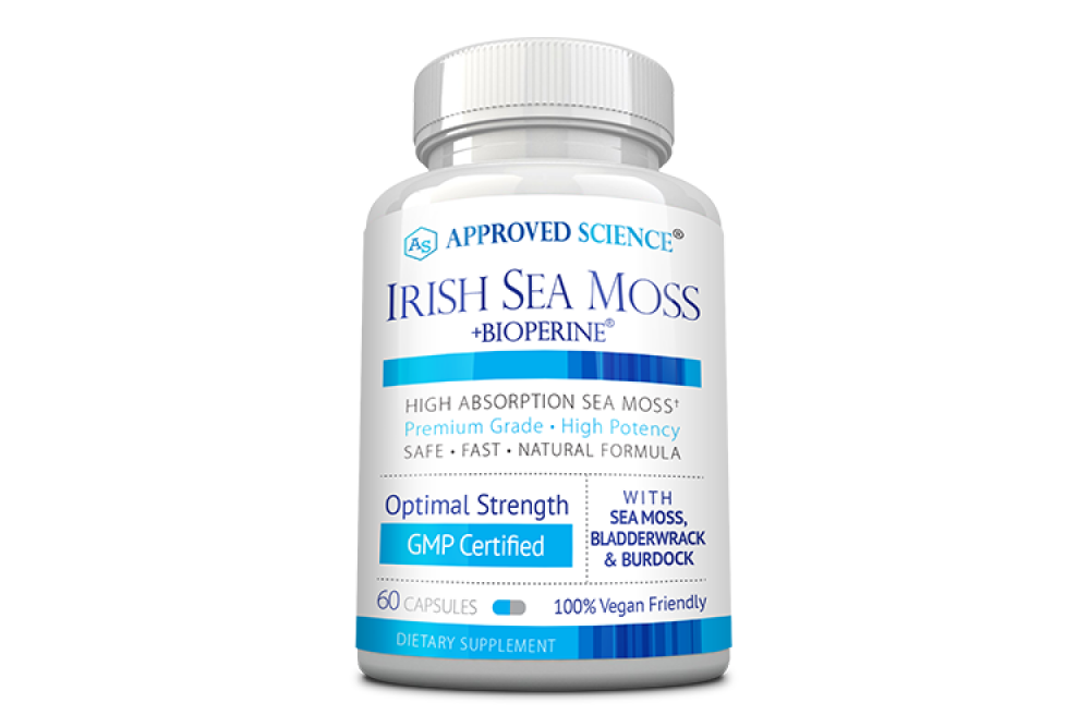Stock image of a bottle of Irish Sea Moss supplement