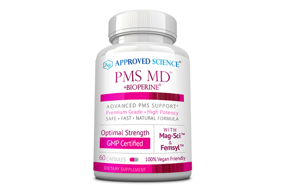 Stock image of a bottle of PMS MD supplement