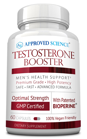 Stock image of a bottle of Testosterone Booster dietary supplement