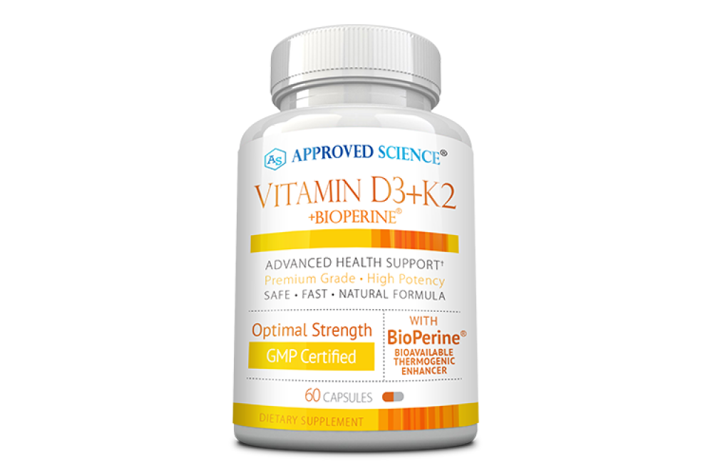 Stock image of a bottle of Vitamin D3+K2 supplement