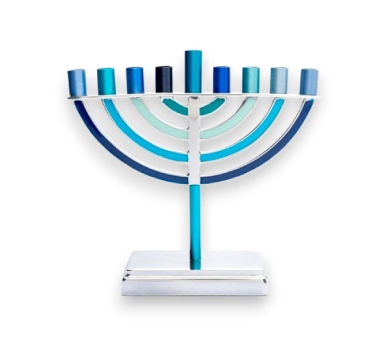 a menorah with blue and white candles on it