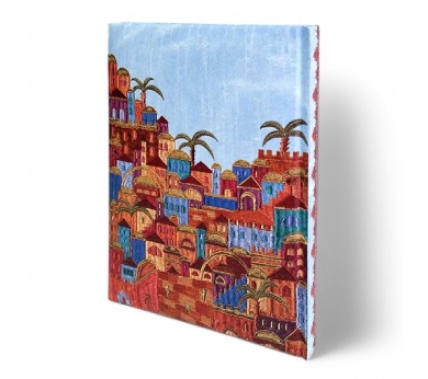 a painting of a city with palm trees