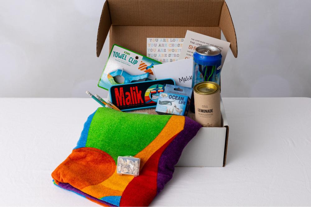 a box filled with assorted items on top of a table