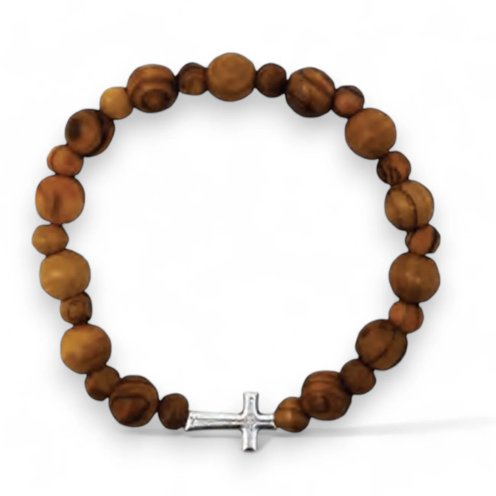 Olivewood Beaded Bracelet with Silver Cross