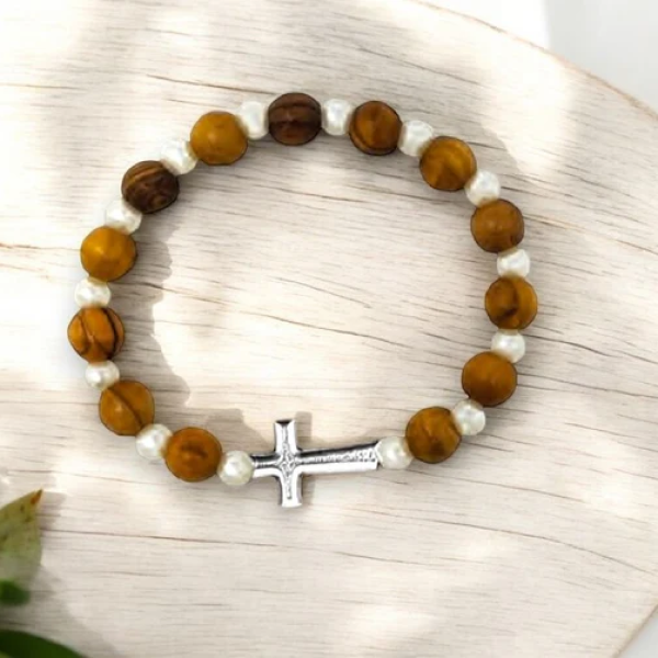 Olivewood Stone Beaded Bracelet with Cross