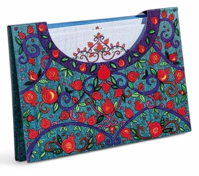 a blue and red bag with a design on it