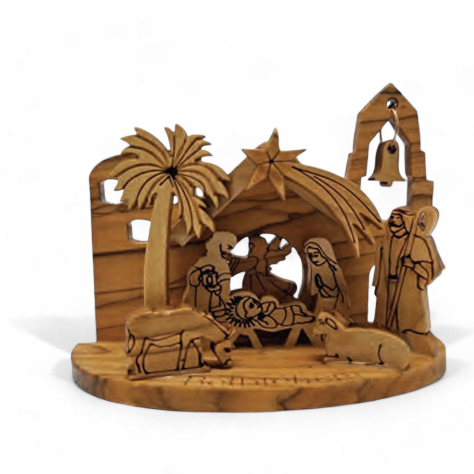 a wooden nativity scene with a manger scene