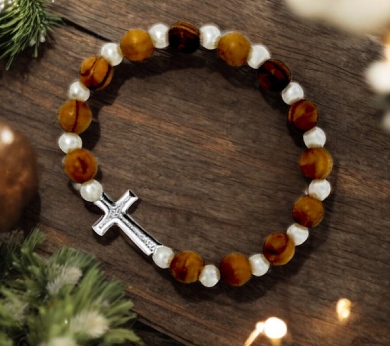 Olivewood Stone Beaded Bracelet with Cross