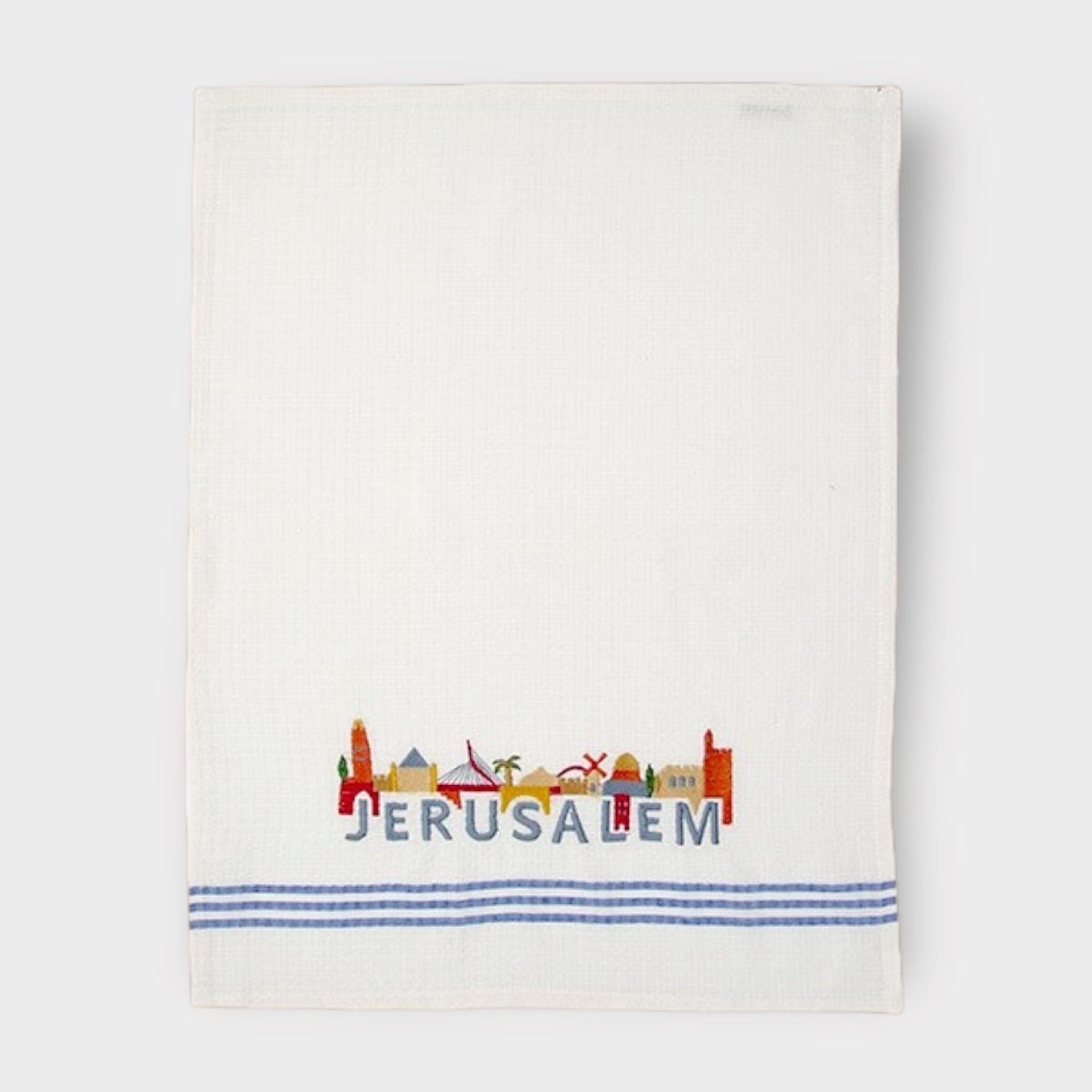 a white towel with the word jerusalem printed on it