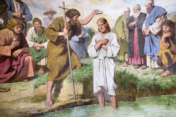 Painting depicting John the Baptist baptising Jesus Christ