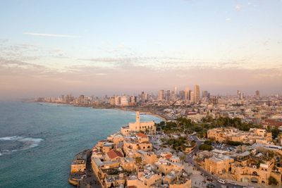 An aerial view of a city next to the ocean.