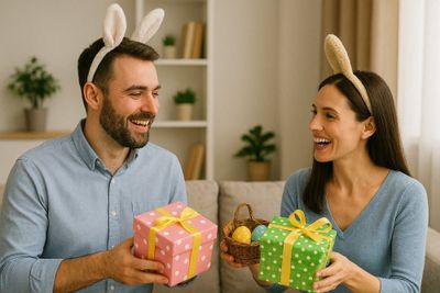 A man and a woman exchanging gifts.