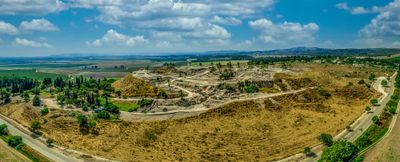 Aerial panorama of the ruins of the ancient city of Tel Megiddo and the valley