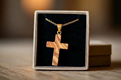 A wooden cross on a table.