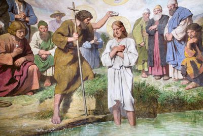 Painting depicting John the Baptist baptising Jesus Christ