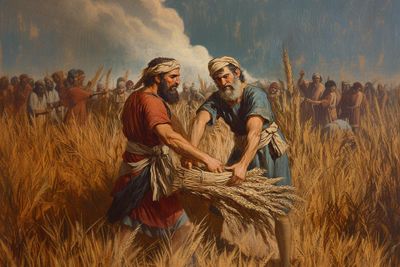 A painting of two men in a wheat field.