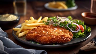 schnitzel recipe on a dish with chips and salad 