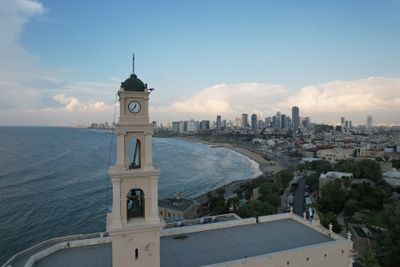Overlooking view of Old Jaffa port and town with a clocktower