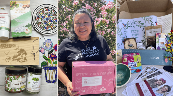 a woman holding a pink box surrounded by other items