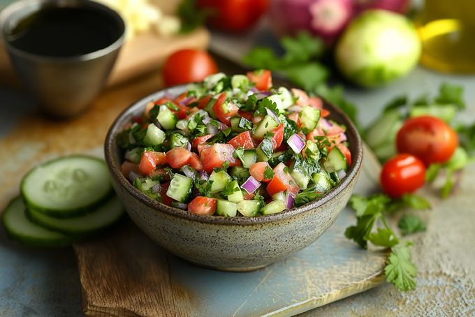 A bowl of Israeli salad.