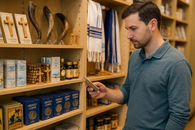 a man standing in front of a shelf of items