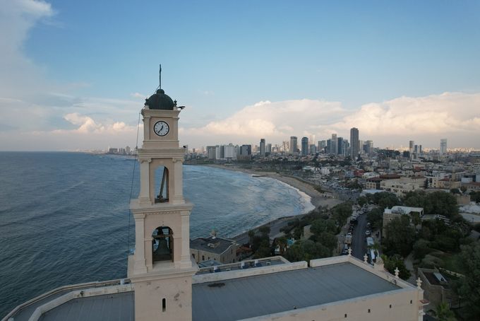 Overlooking view of Old Jaffa port and town with a clocktower
