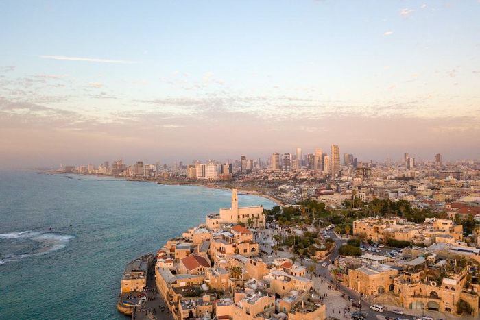 An aerial view of a city next to the ocean.