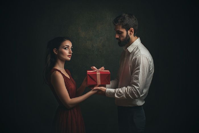 A mang giving a woman a gift from the Holy Land.