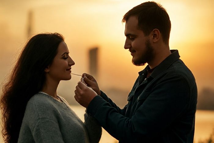 A man giving his girlfriend a gift.