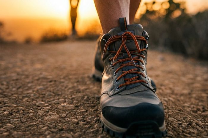 A close up of a person's shoes on a dirt road.