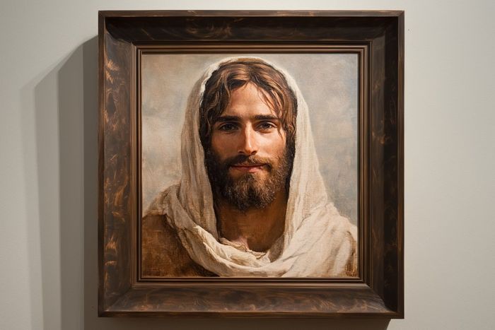 A painting of Jesus in a wooden frame.