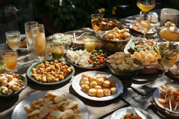 A table filled with Israeli snacks.