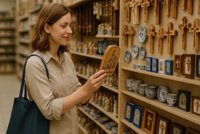 A woman looking at a wooden plaque.