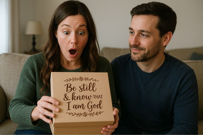 A woman opening a personalized Christian gift box.
