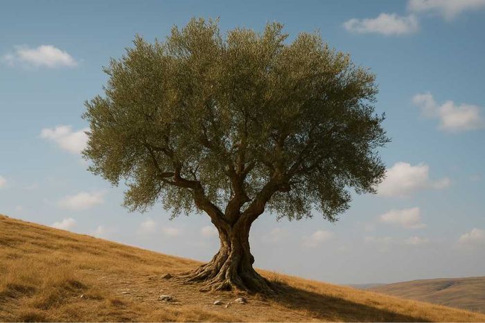 An olive wood tree on a hill, from which gifts are made.