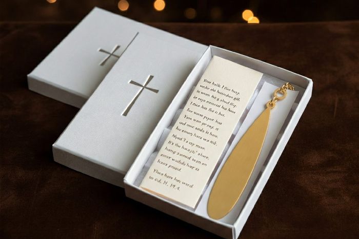 A christian subscription box with a cross and a card inside of it.