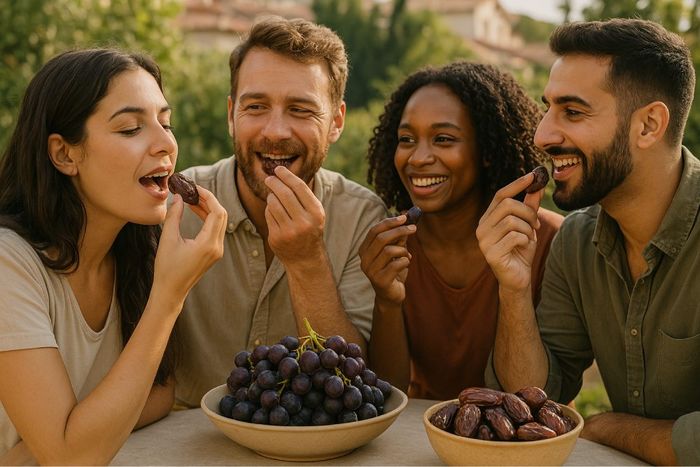 A group of friends eating Israeli fruits.