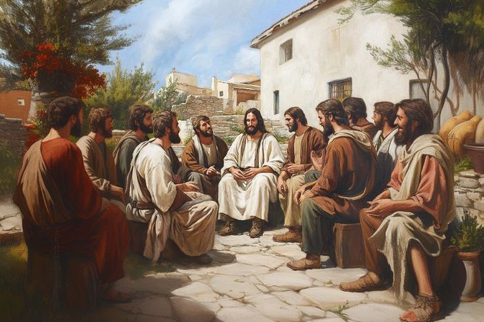 A painting of jesus talking to his disciples.