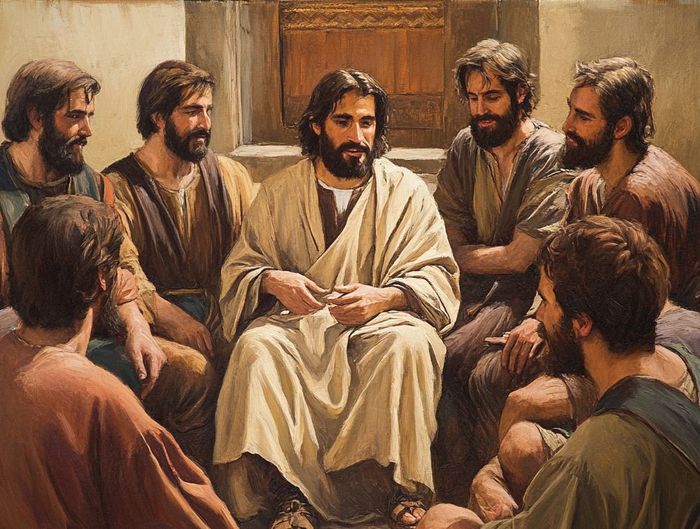 A painting of jesus talking to a group of men.