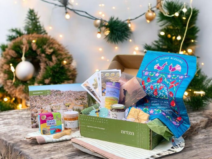 a box of food sitting on top of a wooden table