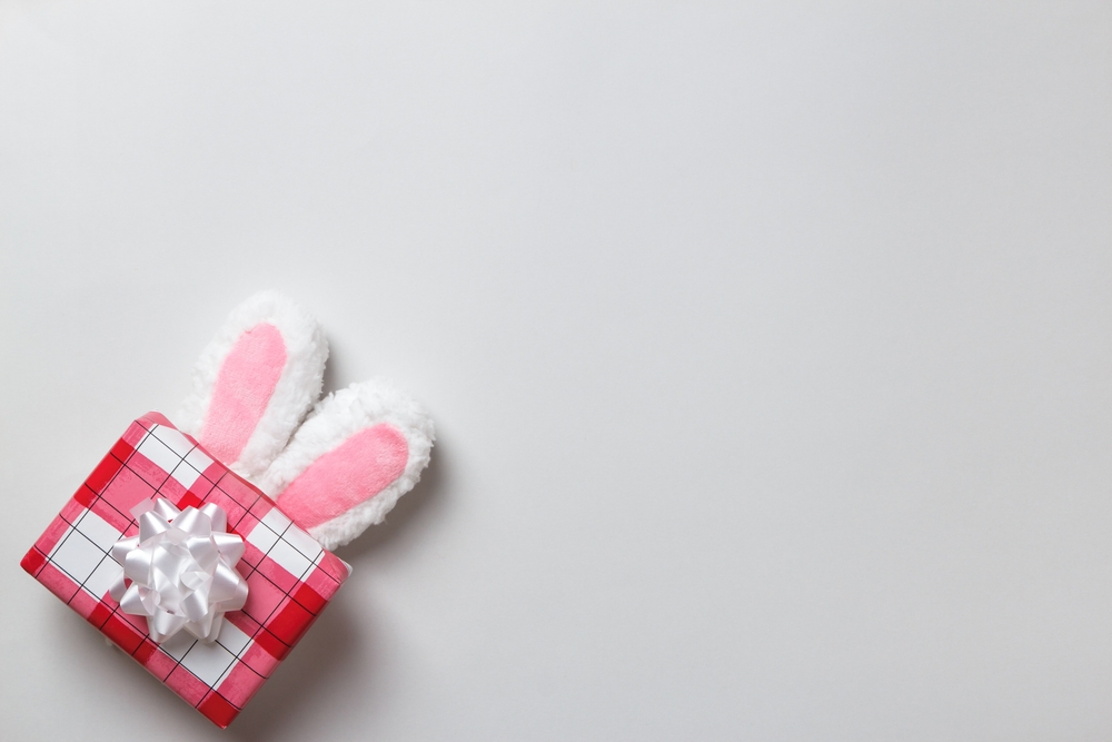 A wrapped gift with bunny ears and a bow
